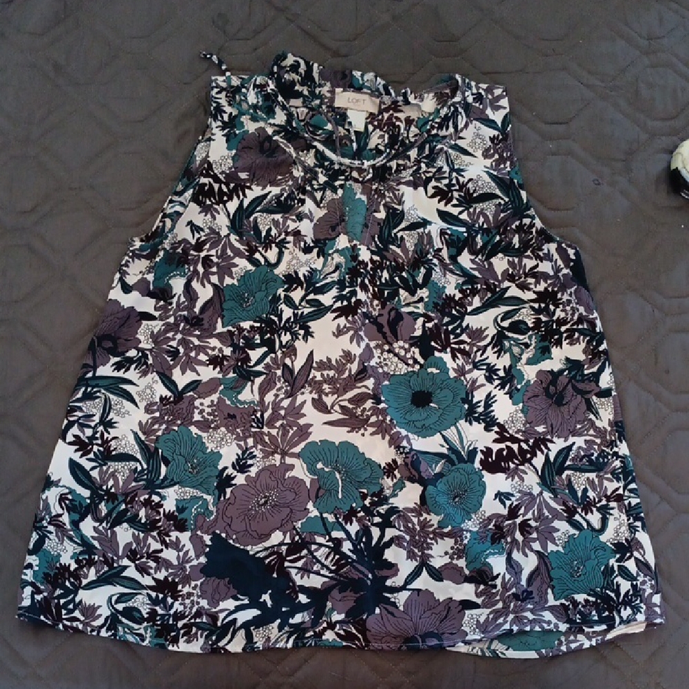 LOFT Floral Ruffle Blouse in Teal and Black